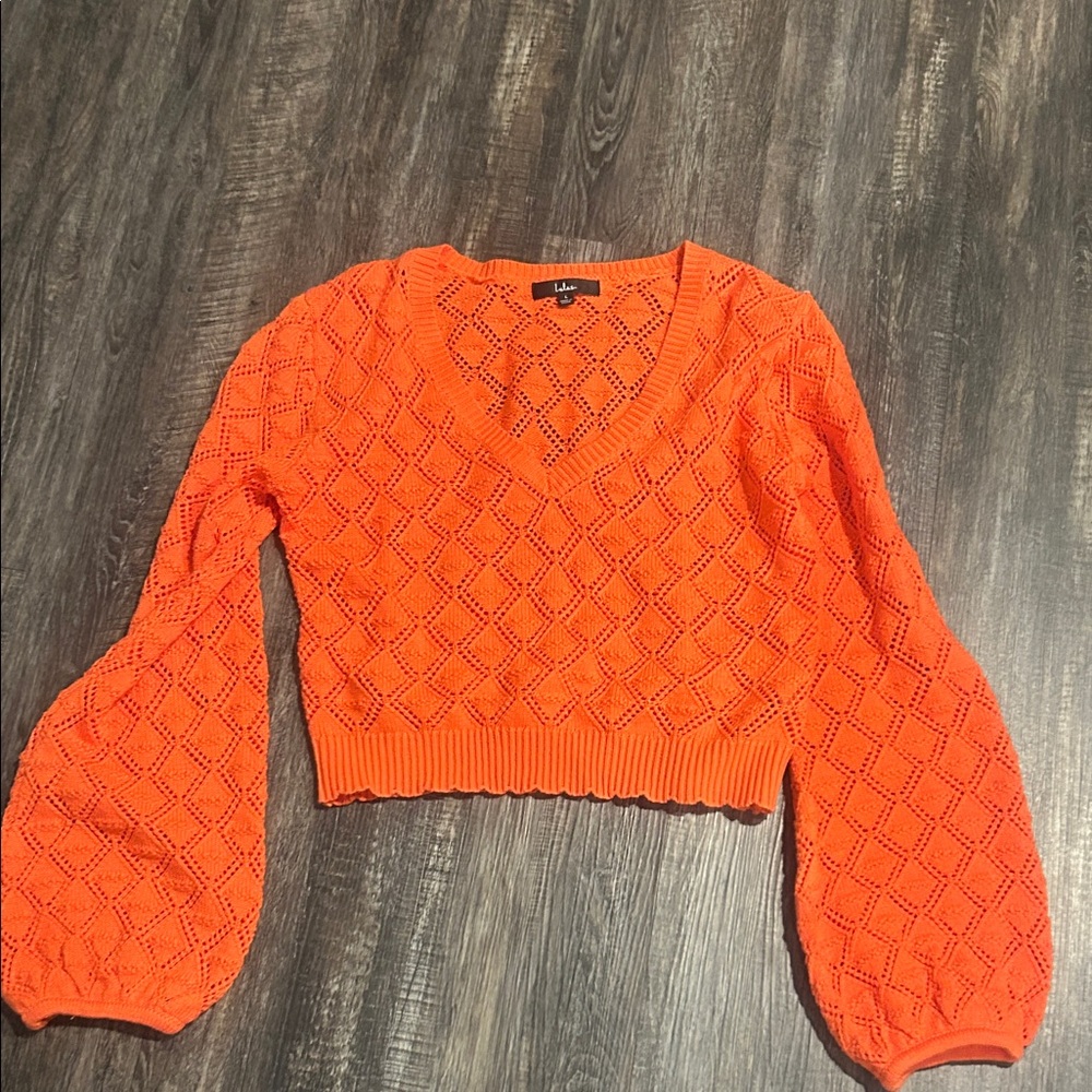 NWOT!! Lulu's Neon Orange Open-Knit V-Neck Cropped Sweater with Balloon Sleeves